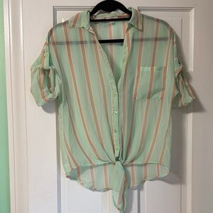 Mint and Peach Striped Button-Down Shirt